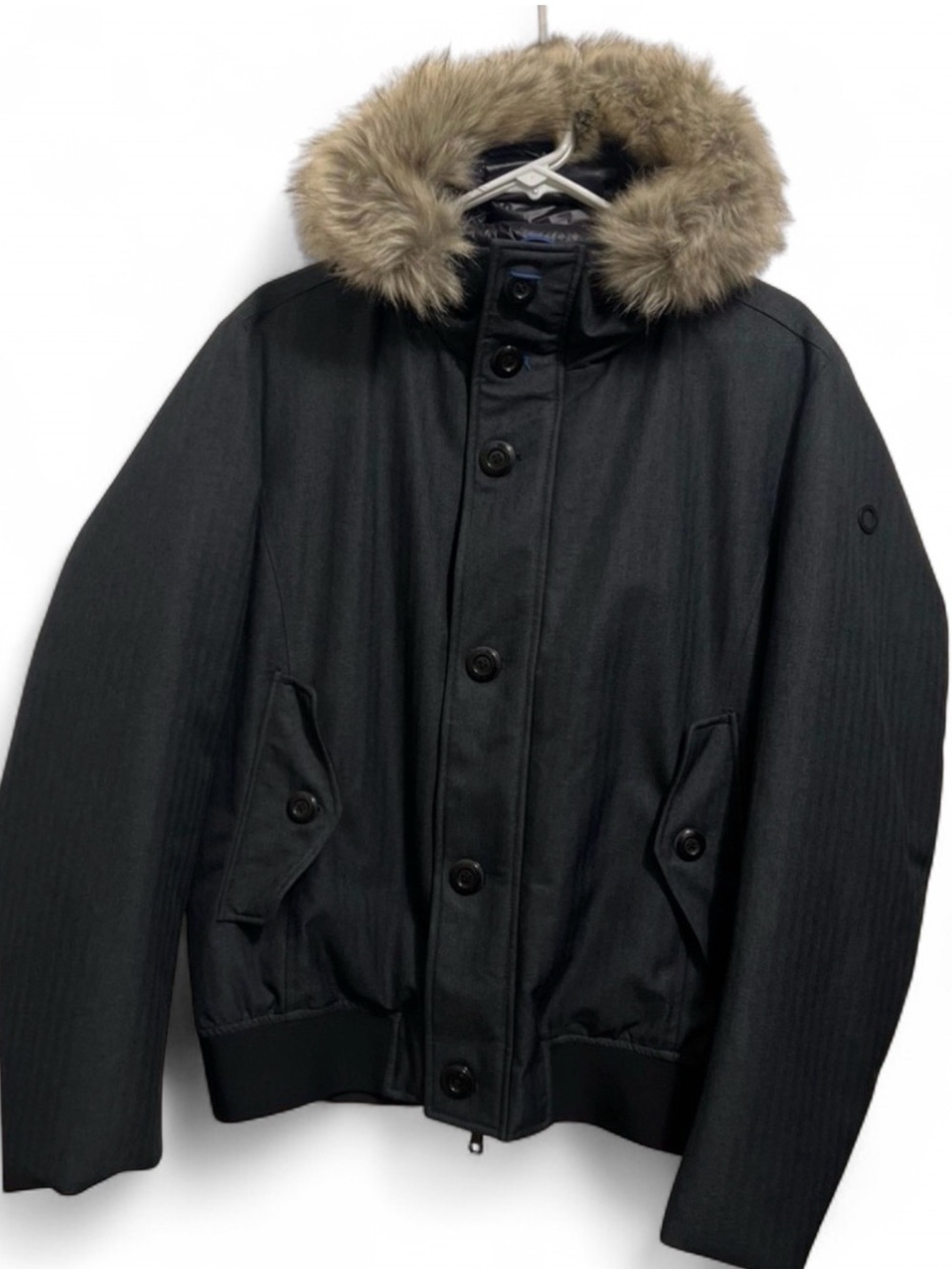 UPTOBE Men's Bomber Jacket Faux Fur Trim Hood Dark Gray Herringbone 52